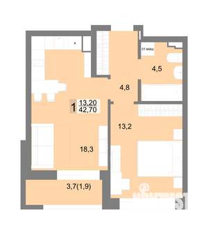 1-к квартира, строящийся дом, 43м2, 3/25 этаж