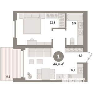 1-к квартира, вторичка, 44м2, 16/24 этаж