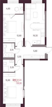 2-к квартира, вторичка, 67м2, 11/25 этаж