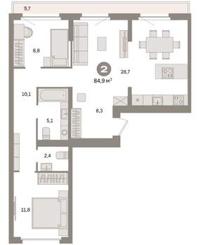 2-к квартира, вторичка, 85м2, 8/9 этаж