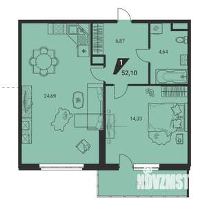 1-к квартира, вторичка, 52м2, 10/25 этаж