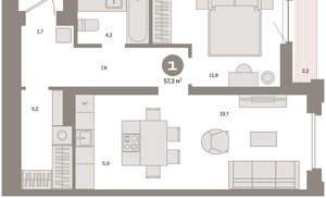 1-к квартира, вторичка, 57м2, 4/16 этаж
