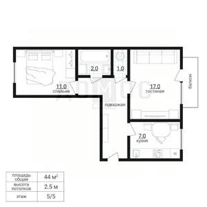 2-к квартира, вторичка, 44м2, 5/5 этаж