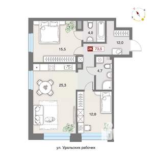 2-к квартира, строящийся дом, 74м2, 2/8 этаж