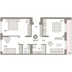 2-к квартира, вторичка, 76м2, 7/7 этаж