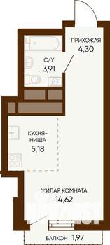 1-к квартира, строящийся дом, 29м2, 24/24 этаж