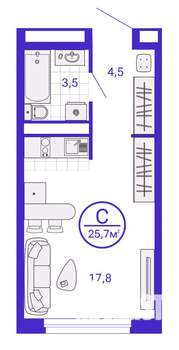 Студия квартира, строящийся дом, 27м2, 21/28 этаж