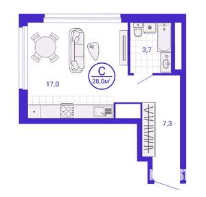 Студия квартира, вторичка, 28м2, 25/28 этаж