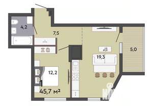 1-к квартира, строящийся дом, 46м2, 6/19 этаж