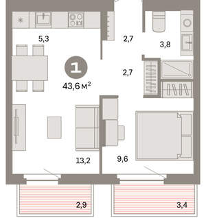 1-к квартира, вторичка, 44м2, 5/16 этаж