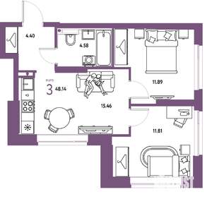 3-к квартира, вторичка, 48м2, 4/24 этаж