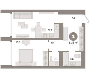 1-к квартира, вторичка, 52м2, 21/24 этаж