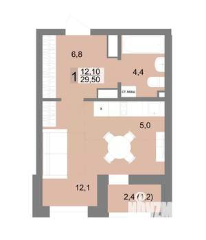 1-к квартира, строящийся дом, 30м2, 22/25 этаж