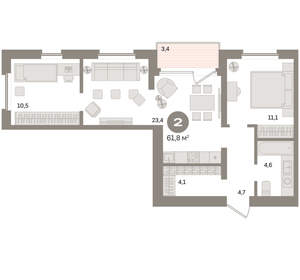2-к квартира, вторичка, 62м2, 3/24 этаж