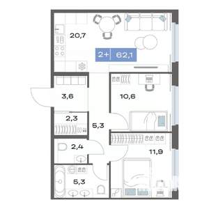 2-к квартира, строящийся дом, 62м2, 3/17 этаж
