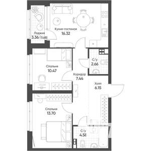 2-к квартира, вторичка, 63м2, 1/16 этаж