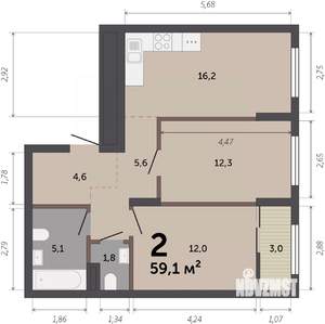2-к квартира, строящийся дом, 59м2, 9/17 этаж