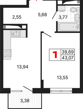 1-к квартира, вторичка, 43м2, 14/25 этаж