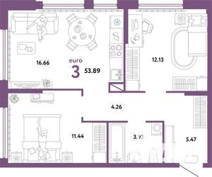 3-к квартира, строящийся дом, 54м2, 17/24 этаж