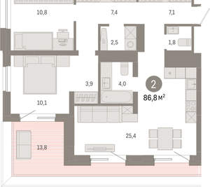2-к квартира, вторичка, 87м2, 7/8 этаж