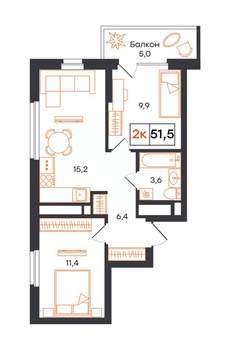 2-к квартира, вторичка, 52м2, 16/21 этаж