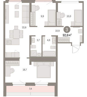 3-к квартира, вторичка, 93м2, 8/9 этаж