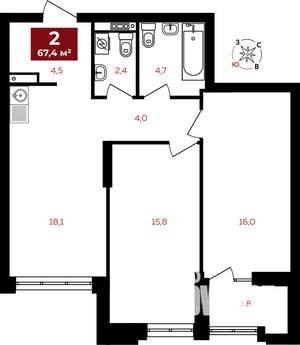 2-к квартира, вторичка, 67м2, 10/32 этаж