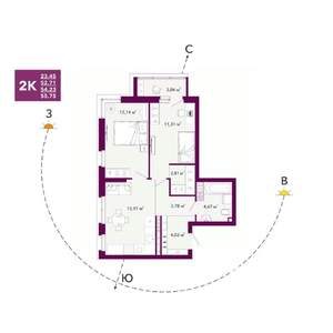 2-к квартира, строящийся дом, 54м2, 19/20 этаж