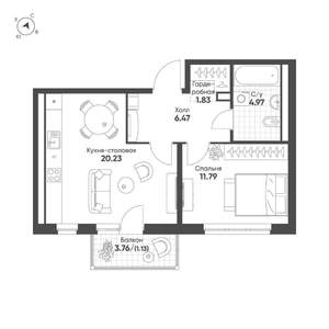 1-к квартира, вторичка, 46м2, 11/16 этаж