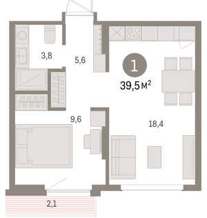 1-к квартира, вторичка, 39м2, 4/9 этаж