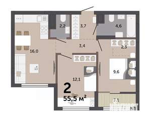 2-к квартира, вторичка, 55м2, 6/12 этаж