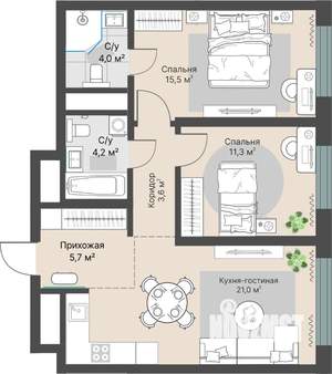 2-к квартира, строящийся дом, 65м2, 20/29 этаж