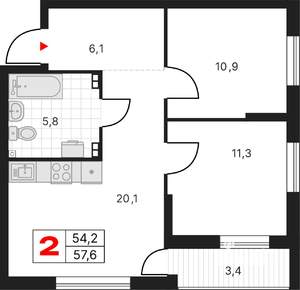 2-к квартира, вторичка, 58м2, 14/17 этаж