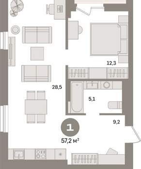 1-к квартира, вторичка, 57м2, 15/17 этаж