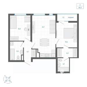 2-к квартира, вторичка, 65м2, 26/32 этаж