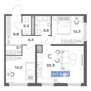 2-к квартира, строящийся дом, 64м2, 2/17 этаж