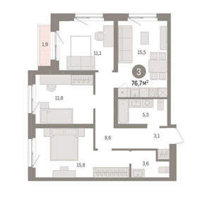 3-к квартира, вторичка, 77м2, 2/15 этаж