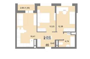 2-к квартира, вторичка, 56м2, 6/22 этаж