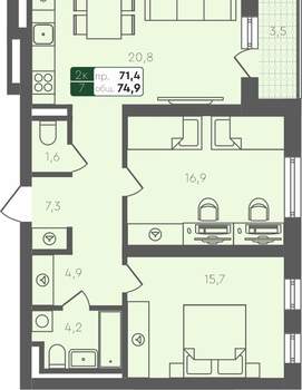 2-к квартира, вторичка, 75м2, 2/2 этаж