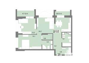 2-к квартира, вторичка, 77м2, 6/25 этаж