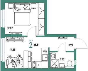 2-к квартира, строящийся дом, 29м2, 16/25 этаж