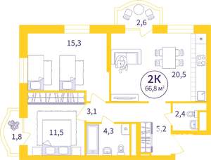 2-к квартира, вторичка, 64м2, 6/25 этаж