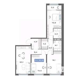 3-к квартира, строящийся дом, 93м2, 7/20 этаж