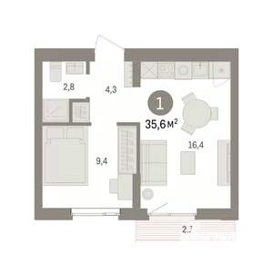 1-к квартира, вторичка, 36м2, 4/7 этаж