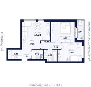 2-к квартира, вторичка, 64м2, 5/26 этаж