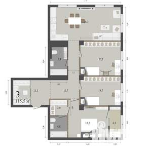 3-к квартира, вторичка, 116м2, 13/15 этаж