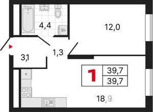 1-к квартира, строящийся дом, 40м2, 8/25 этаж
