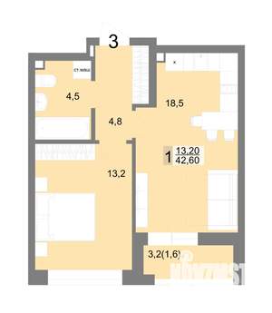 1-к квартира, вторичка, 43м2, 2/25 этаж