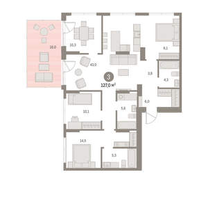 3-к квартира, вторичка, 127м2, 1/16 этаж