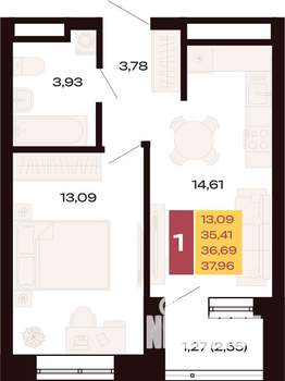 1-к квартира, вторичка, 38м2, 26/30 этаж